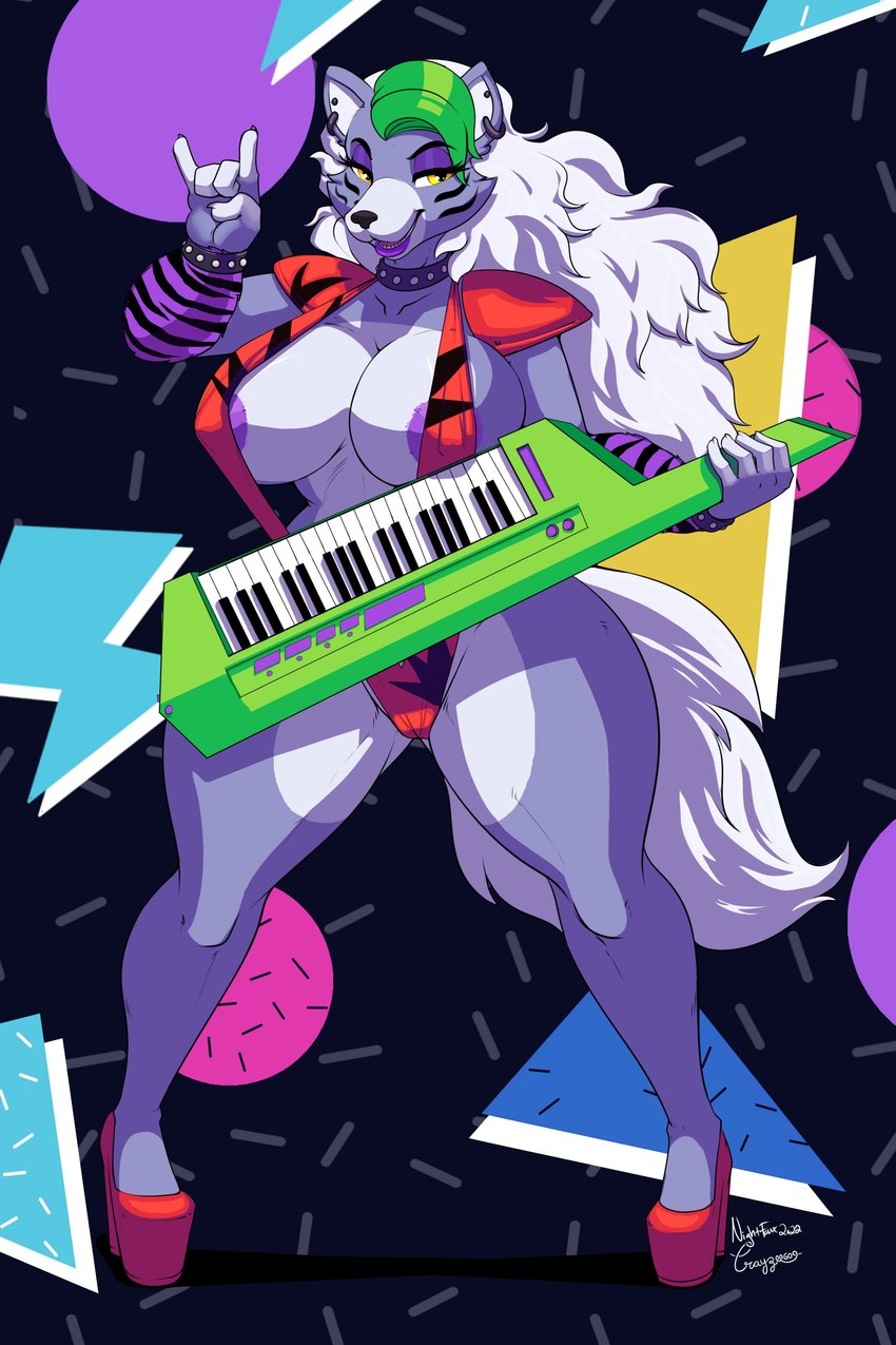 anthro areola areola_slip armwear big_breasts bikini black_background bracelet breasts camel_toe clothing collar ear_piercing ear_ring eyebrows eyelashes eyeshadow facial_markings female footwear fur gesture green_highlights hair head_markings high_heels highlights_(coloring) holding_musical_instrument holding_object huge_breasts jewelry keyboard_instrument keytar lipstick long_hair looking_at_viewer makeup markings musical_instrument one-piece_swimsuit open_mouth pattern_armwear pattern_background pattern_clothing piercing platform_footwear platform_heels purple_areola purple_armwear purple_body purple_clothing purple_eyeshadow purple_fur purple_lipstick red_clothing red_footwear red_shoes ring_piercing shoes shoulder_pads simple_background sling_bikini solo studded_bracelet studded_collar studded_jewelry studs swimwear thick_thighs two-piece_swimsuit white_body white_fur white_hair wide_hips yellow_eyes emulsified_bungus nightfaux five_nights_at_freddy's five_nights_at_freddy's:_security_breach scottgames steel_wool_studios roxanne_wolf canid canine canis mammal wolf 2022 2:3 absurd_res artist_collaboration digital_media_(artwork) hi_res