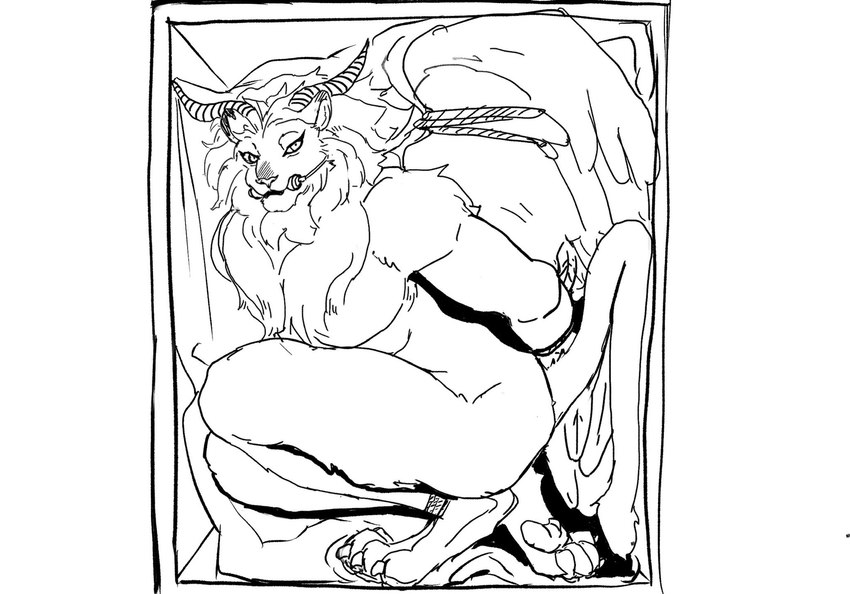 anthro arms_tied bdsm bit_gag bondage bound box caged container container_bondage feathered_wings feathers feet_tied gag hands_behind_back horn in_box in_container looking_at_viewer male mane multi_wing pecs restraints rope rope_bondage solo wings boni_(artist) delicious_in_dungeon iranian_mythology middle_eastern_mythology mythology winged_lion_(delicious_in_dungeon) felid lion mammal manticore pantherine 2021 black_and_white hi_res monochrome