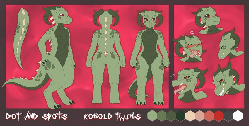 anthro female green_body green_scales scales solo kiathewolf27 dot_vice_(chesey55) spots_vice_(chesey55) kobold lizard reptile scalie hi_res model_sheet