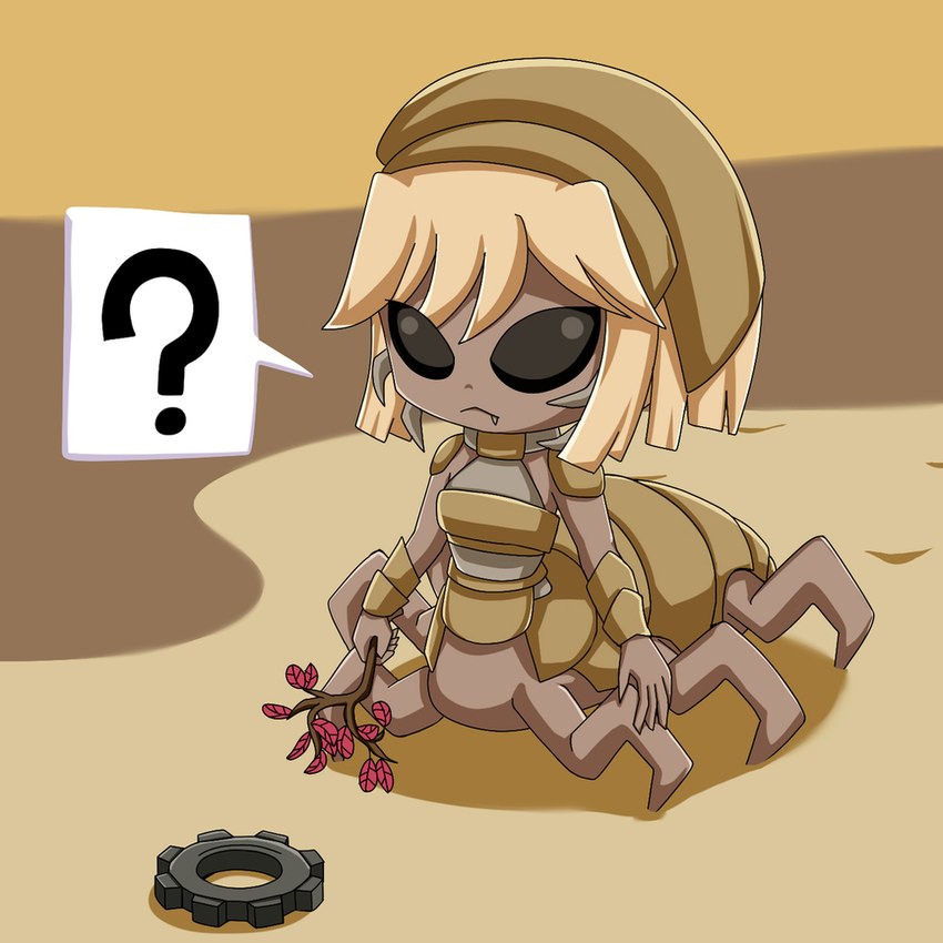 abstract_background black_eyes branch cog cogwheel confusion curious cute_fangs exoskeleton fangs female gear grey_body hair holding_object holding_stick leaf mandibles question_mark sand solo stick tan_body tan_exoskeleton tan_hair teeth boarhide_(artist) factorio wube_software engineer_(factorio) fan_character alien arthropod arthropod_taur biter_(factorio) humanoid humanoid_taur hybrid insect insect_taur mammal taur 1:1