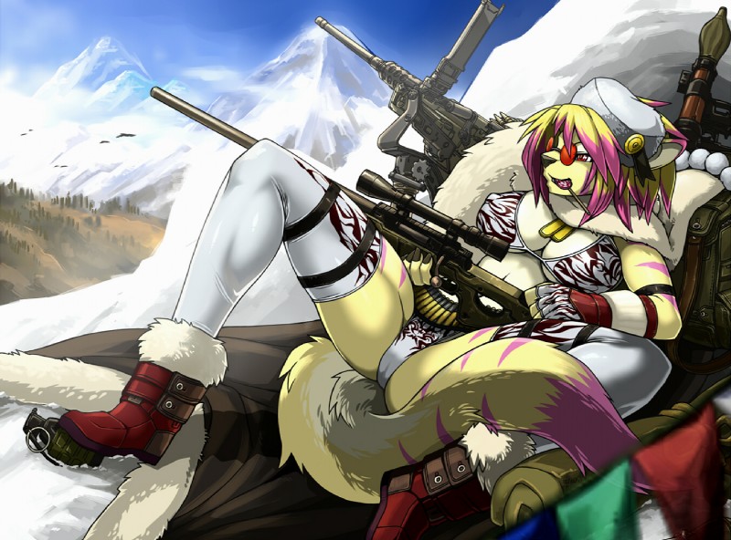 anthro big_breasts boots bra breasts camel_toe candy cape cleavage clothed clothing dessert detailed_background explosives female food footwear forest grenade legwear lollipop mountain navel nipple_outline open_mouth outside panties plant ranged_weapon reclining rocket_launcher rpg-7 scarf shoes skimpy sniper snow solo spread_legs spreading tail thick_thighs thigh_highs tree underwear weapon link2004 amy_pratt domestic_cat felid feline felis mammal