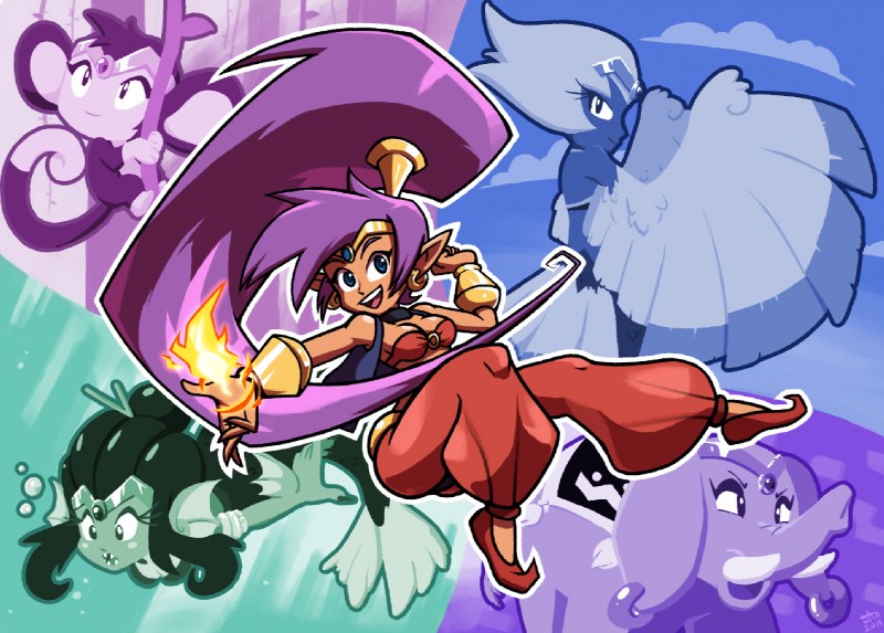 blue_eyes breasts clothing ear_piercing ear_ring female fire footwear hair humanoid_pointy_ears long_hair open_mouth open_smile piercing pointy_ears ponytail purple_hair ring_piercing smile split_form topwear tusks vest wings wwwjam shantae_(series) wayforward shantae shantae_(elephant_form) shantae_(harpy_form) shantae_(mermaid_form) shantae_(monkey_form) avian elephant elephantid genie haplorhine humanoid mammal marine merfolk monkey primate proboscidean 2019 signature