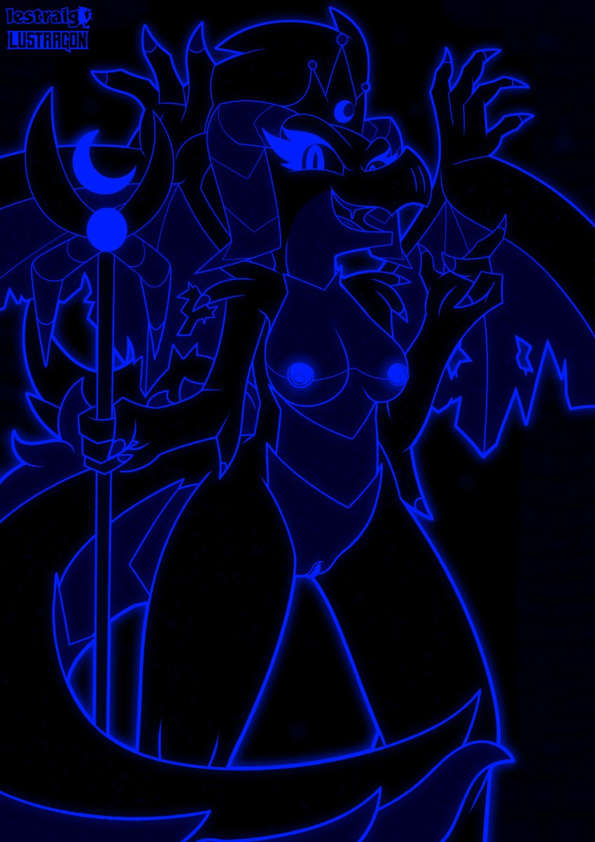 anthro areola blue_body blue_eyes breasts crown female fur genitals glowing glowing_body glowing_eyes glowing_genitalia glowing_nipples glowing_outline glowing_pussy hair headgear horn looking_at_viewer moon_symbol nipples nude open_mouth pussy simple_background solo staff tail teeth winged_arms wings lustragon mythology dark_queen_(iestraig) demon demon_dragon dragon mythological_creature mythological_scalie scalie absurd_res black_and_blue digital_drawing_(artwork) digital_media_(artwork) hi_res monochrome