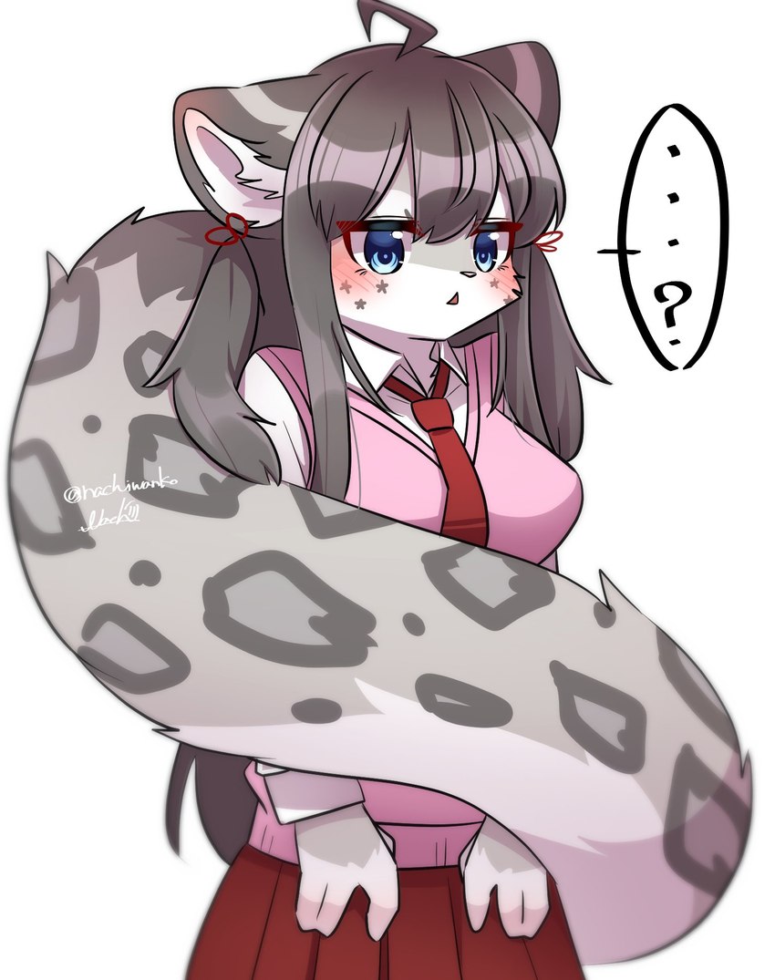 4_fingers anthro big_breasts blue_eyes blush bottomwear breasts brown_hair clothed clothing ear_tuft ellipsis female female_anthro fingers fluffy fluffy_tail fur furgonomics grey_body grey_fur hair inner_ear_fluff kemono long_hair multicolored_body multicolored_fur neck_tuft necktie pink_clothing pink_topwear pink_vest questioning_ellipsis red_bottomwear red_clothing red_necktie red_skirt school_uniform shirt simple_background skirt solo spots standing tail tail_through_skirt topwear tuft two_tone_body two_tone_fur uniform vest white_background white_body white_clothing white_fur white_shirt white_topwear nachiwanko snow_leopard_(nachiwanko) felid mammal pantherine snow_leopard 2021 hi_res