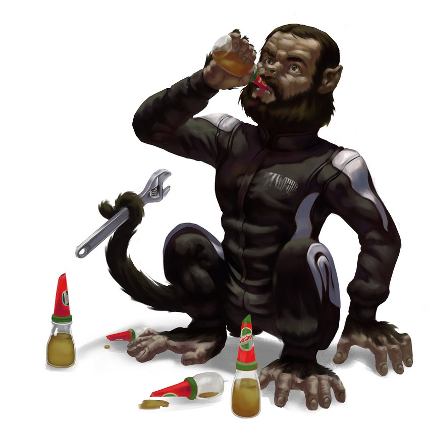 beard bottle brown_eyes brown_hair clothed clothing container drinking eyebrows facial_hair fully_clothed hair hand_feet kneeling looking_up male mechanic mechanical_suit motor_oil mustache simple_background solo suit tools what what_has_science_done where_is_your_god_now white_background why wrench thepimpartist castrol animal_humanoid humanoid mammal mammal_humanoid monkey_humanoid primate primate_humanoid 1:1 2017 traditional_media_(artwork)