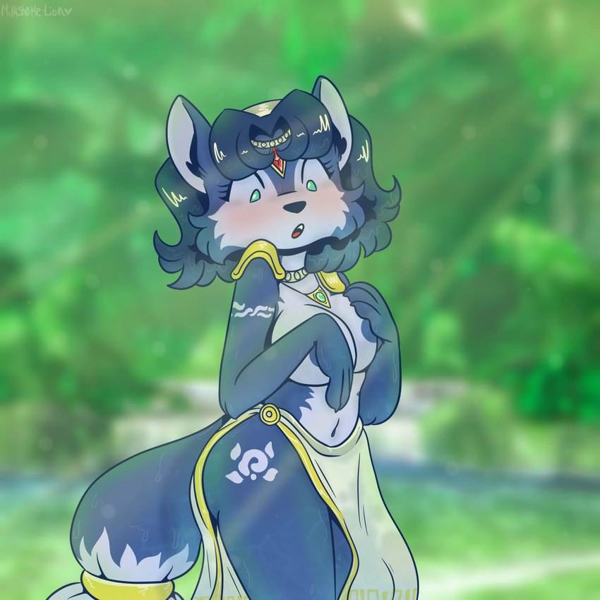 anthro areola blush breasts clothed clothing covering covering_breasts female forest fur jewelry navel no_underwear plant solo surprised_expression thick_thighs topless tree wet wet_body wet_clothing wet_fur milkshake-lion nintendo star_fox krystal_(star_fox) canid canine fox mammal 1:1 hi_res