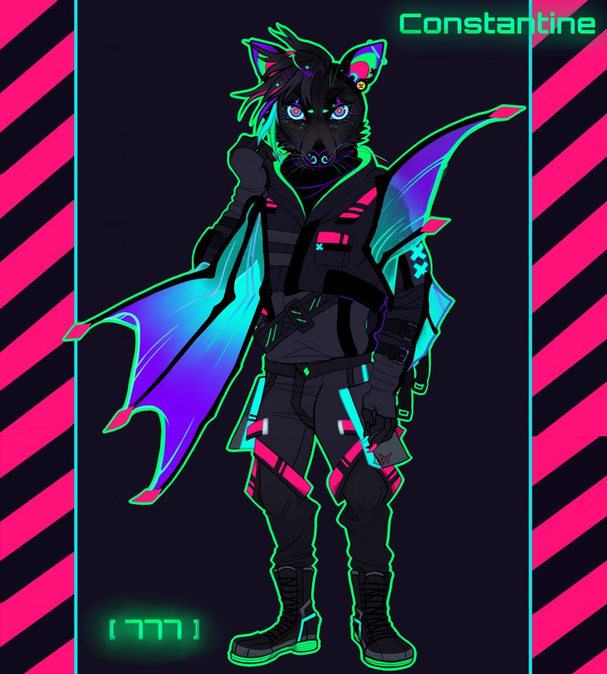 anthro biped boots clothing cyberpunk ear_piercing footwear industrial_piercing machine male male_anthro neon piercing plantigrade ringed_eyes shoes solo streetwear synthetic tattoo techwear wings greaserdemon android bat flying_fox mammal megabat robot hi_res