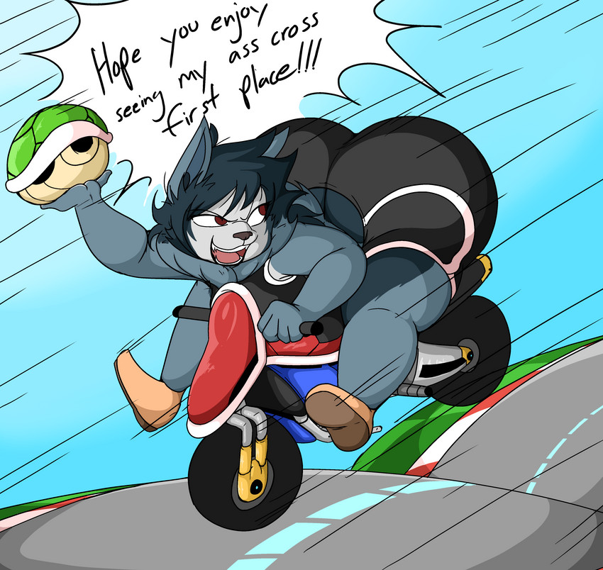 anthro ass_up big_butt biped breasts butt cart countershade_face countershading detailed_background fangs female huge_butt koopa_shell motorcycle open_mouth outside shell small_breasts solo taunting teasing teeth text thick_thighs tongue turtle_shell vehicle masterj291 mario_bros mario_kart nintendo beth_(masterj291) canid canine canis domestic_dog husky mammal nordic_sled_dog spitz 2021 absurd_res cel_shading digital_drawing_(artwork) digital_media_(artwork) english_text hi_res shaded