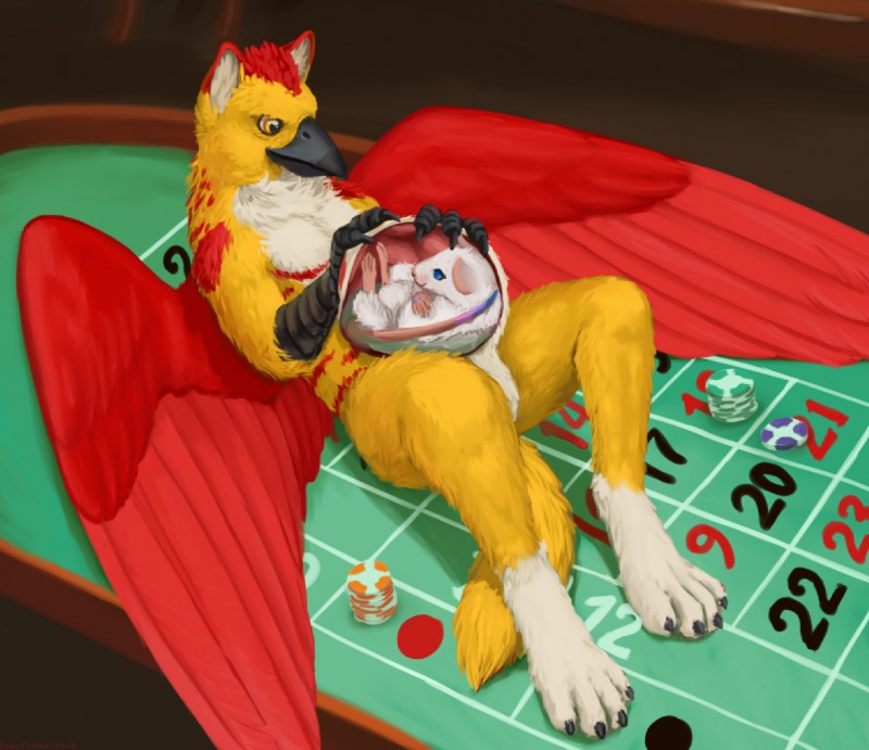 anthro casino duo endosoma feral feral_pred feral_prey internal nude roulette_table safe_vore size_difference soft_vore vore willing_prey lemurlemurovich mythology shertu avian gryphon mammal mouse murid murine mythological_avian mythological_creature rodent