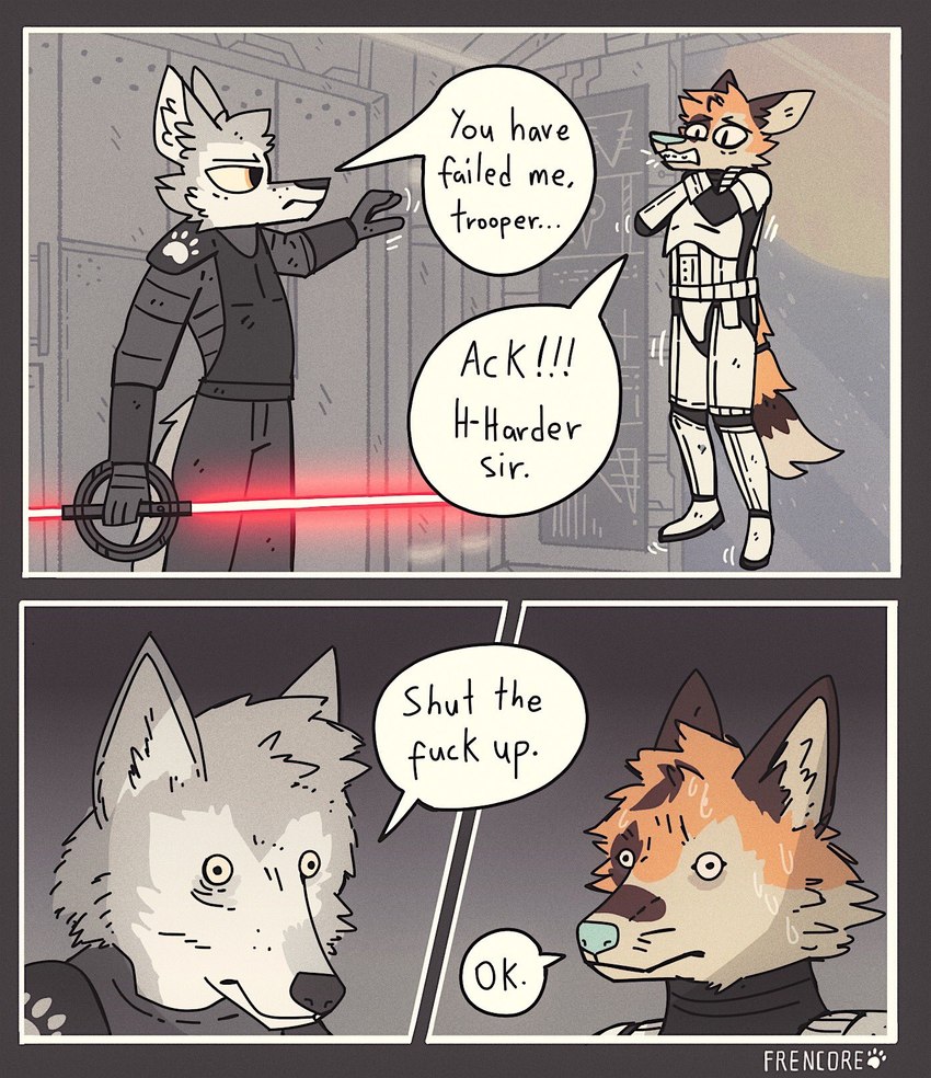 anthro asphyxiation bodily_fluids choking dialogue force_choke humor inquisitor lightsaber male melee_weapon profanity red_lightsaber sith sweat text weapon frencore star_wars stormtrooper canid canine canis mammal wolf comic english_text hi_res