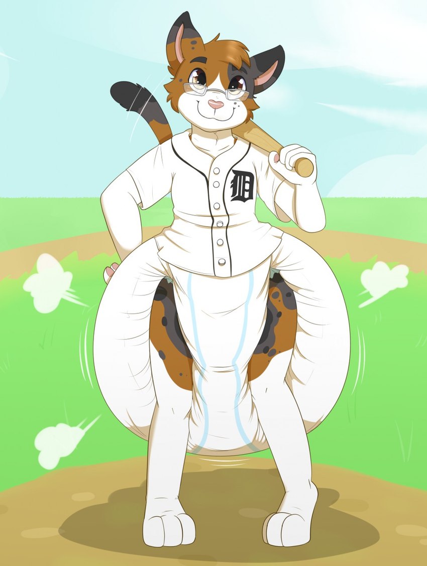 3_toes 4_fingers anthro baseball_bat bat_(object) big_diaper biped black_ears black_spots black_tail brown_body brown_ears brown_eyes brown_fur brown_hair brown_tail cheek_tuft clean_diaper clothed clothing cloud diaper diaper_puff dipstick_ears ear_markings eyewear facial_tuft feet fingers freckles front_view fur glasses glistening glistening_eyes grass grey_body grey_ears grey_fur grey_tail hair huge_diaper leg_markings male markings motion_lines mottled mottled_body mottled_fur multicolored_body multicolored_ears multicolored_fur outside pawpads piebald piebald_body piebald_fur pink_nose pink_pawpads plant powder rectangular_glasses shadow short_hair sky smile socks_(marking) solo spots spotted_body spotted_fur standing tail toes topwear tuft wearing_diaper wetness_indicator white_body white_clothing white_diaper white_fur white_topwear yellow_eyes bunnykisses chris_(onewithlogic) calico_cat domestic_cat felid feline felis mammal 2018 digital_media_(artwork) hi_res