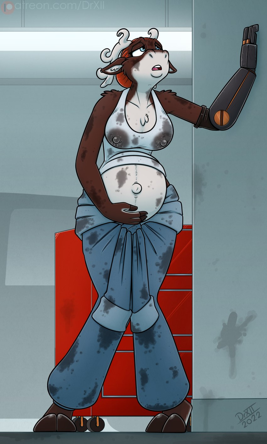 anthro antlers belly big_belly bodily_fluids breasts brown_body brown_fur clothed clothing cloven_hooves dirty female fur green_eyes hair holding_belly hooves horn lactating lactating_through_clothing milk nipple_outline nipples oil_stain open_mouth overalls pregnant pregnant_anthro pregnant_female prosthetic prosthetic_arm prosthetic_limb red_hair solo wet wet_clothing workshop drxii augusta_(effigy) deer mammal new_world_deer reindeer digital_media_(artwork) hi_res