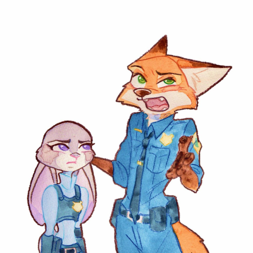 anthro belt bottomwear clothed clothing duo female fully_clothed fur green_eyes grey_body grey_fur male necktie open_mouth orange_body orange_fur pants purple_eyes shirt simple_background topwear white_background strawberry628_(artist) disney zootopia judy_hopps nick_wilde canid canine fox lagomorph leporid mammal rabbit red_fox true_fox 1:1 2020 painting_(artwork) traditional_media_(artwork) watercolor_(artwork)