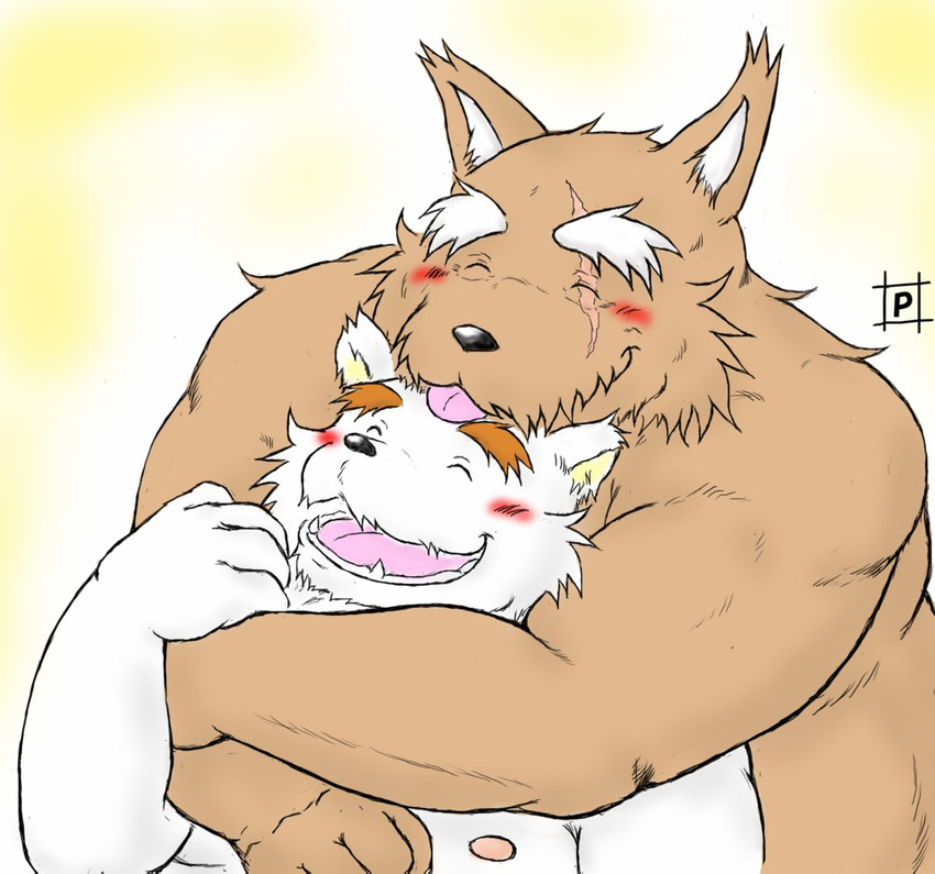 anthro black_nose blush brown_body brown_fur duo fur hug hugging_another hugging_from_behind kemono male male/male overweight overweight_male scar simple_background tongue tongue_out white_body white_fur pochizizi canid canine mammal 2010