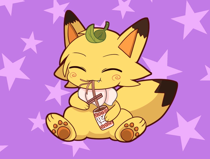 eyes_closed food fur leaf leaf_on_head male noodles pawpads purple_background ramen ramen_noodles simple_background solo star_symbol yellow_body yellow_fur starisland makemon kinari_(makemon) canid canine fox mammal