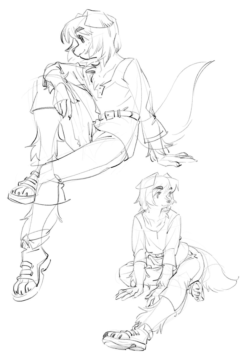 anthro bangs belt bottomwear chest_tuft clothed clothing female fluffy footwear raised_leg shirt shoes shorts sitting smile solo toeless_footwear toeless_shoes topwear tuft aruurara retriever_(aruurara) canid canine canis domestic_dog mammal 2021 absurd_res hi_res line_art monochrome sketch textless