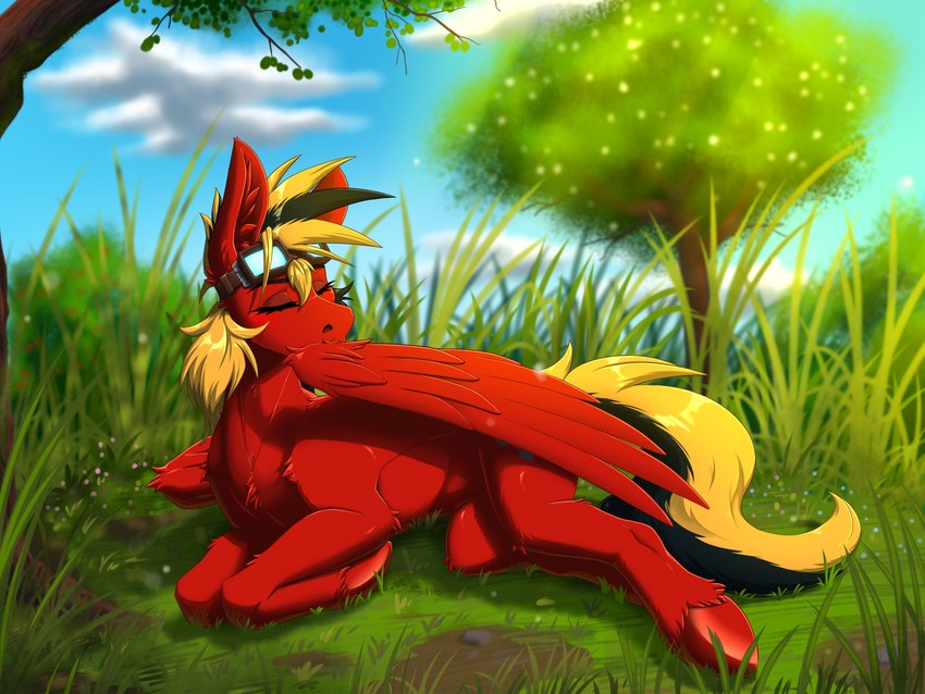 black_hair blonde_hair eyes_closed eyewear feather_preening feathers female fluffy goggles grass hair hooves inner_ear_fluff lying multicolored_hair outside personal_grooming plant solo tree tuft two_tone_hair wings twotail813 hasbro my_little_pony mythology fan_character twotail_(mlp) equid equine mammal mythological_creature mythological_equine pegasus 4:3 hi_res