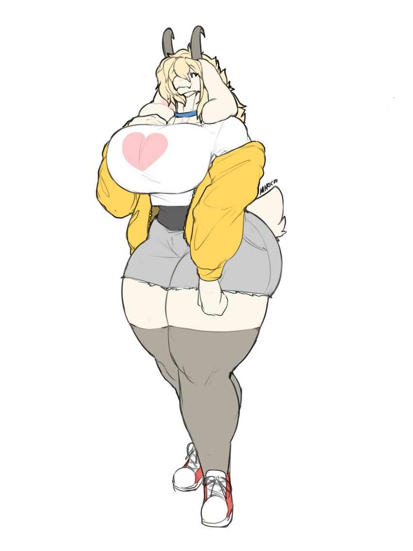 anthro big_breasts blonde_hair bottomwear breasts clothed clothing collar female footwear fully_clothed hair horn huge_breasts jacket legwear shirt shoes short_tail shorts sneakers solo tail thick_thighs thigh_highs topwear marvolk undertale undertale_(series) allie_(marvolk) boss_monster_(undertale) bovid caprine goat mammal 2021 3:4 hi_res