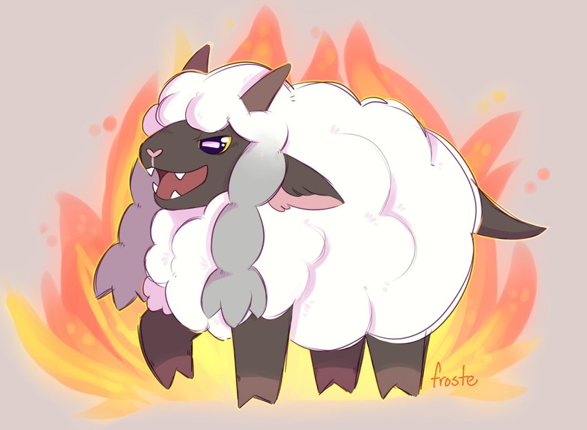 ambiguous_gender fangs feral fire fur horizontal_pupils horn open_mouth pupils quadruped sharp_teeth simple_background smile solo teeth wool_(fur) froste nintendo pokemon bovid caprine generation_8_pokemon mammal pokemon_(species) wooloo 2020 digital_drawing_(artwork) digital_media_(artwork) hi_res