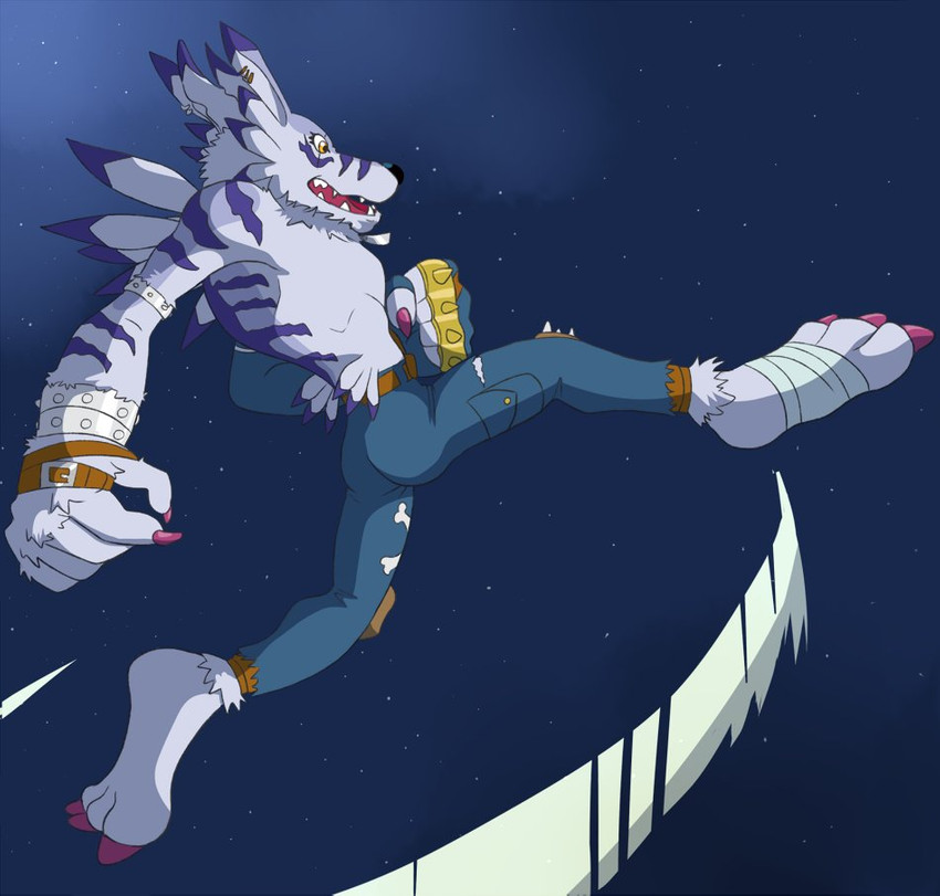 anthro bottomwear brass_knuckles clothing denim denim_bottomwear denim_clothing jeans kick male melee_weapon open_mouth pants piercing solo space star teeth_showing tongue_showing weapon yellow_eyes thegreatmatsutzu bandai_namco digimon canid digimon_(species) mammal weregarurumon