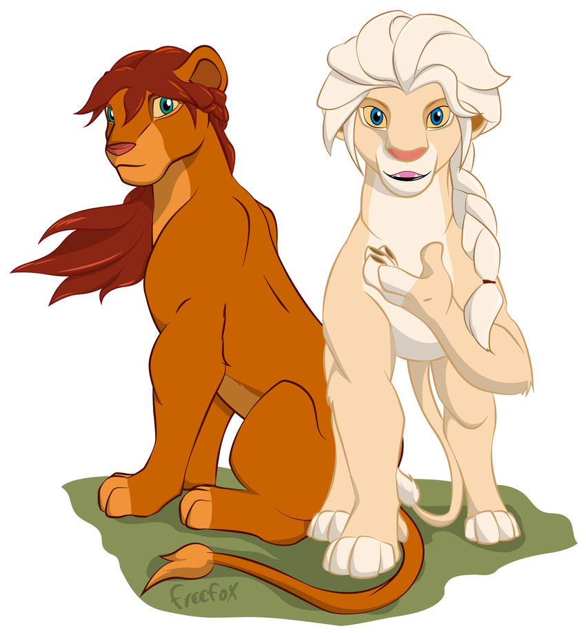 alternate_species female feral frozen group hair looking_at_viewer simple_background white_background freefox disney frozen_(disney) the_lion_king anna_(frozen) elsa_(frozen) felid lion mammal pantherine hi_res signature sibling_(lore) sister_(lore) sisters_(lore)