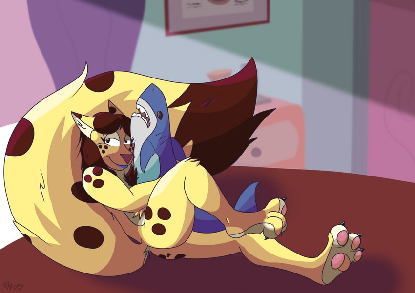 bedroom big_feet butt cuddling feet femboy fluffy fur lipstick long_tail makeup male nude paws plushie raised_tail spots tail yellow_body yellow_fur wot ikea blahaj nicky_(wot) felid fish mammal marine shark