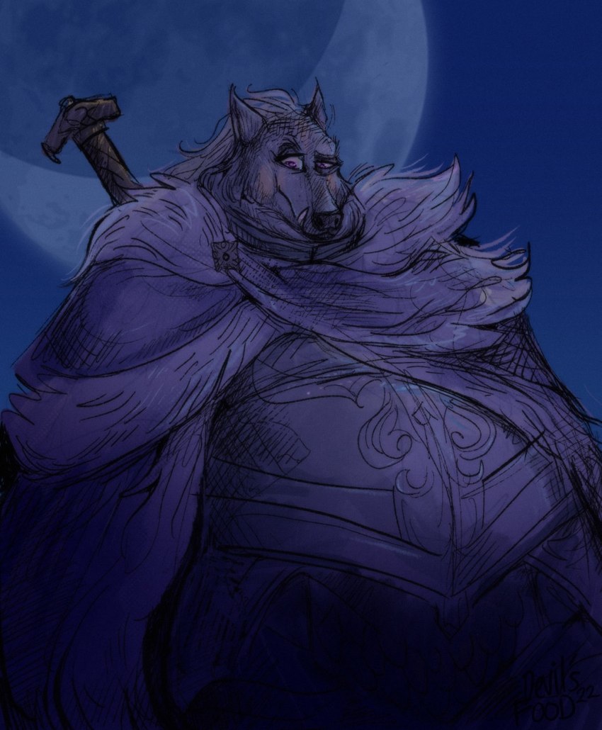 anthro armor belly cape chubby_cheeks clothed clothing crescent_moon fangs fur fur_cape fur_clothing grey_body grey_fur male melee_weapon moon night obese obese_anthro obese_male overweight overweight_anthro overweight_male purple_eyes snaggle_tooth solo sword teeth weapon sharpt00th elden_ring fromsoftware blaidd_(elden_ring) canid canine canis mammal wolf hi_res