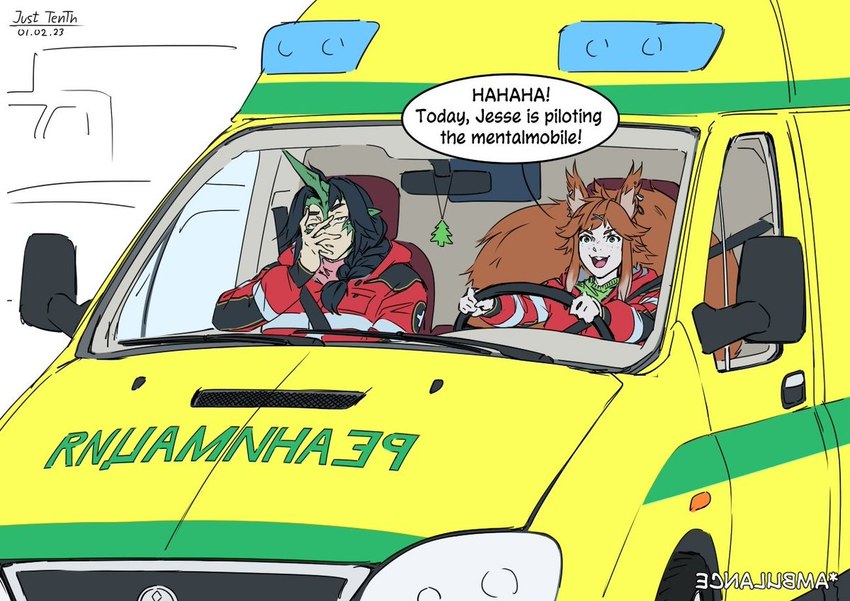 ambulance belt big_tail driving duo ear_piercing ear_ring female happy monster_girl_(genre) piercing ring_piercing simple_background smile speech_bubble tail text vehicle white_background randomtanstudio jesse_(randomtanstudio) liza_(randomtanstudio) animal_humanoid humanoid lizard lizard_humanoid mammal mammal_humanoid reptile reptile_humanoid rodent rodent_humanoid scalie scalie_humanoid sciurid sciurid_humanoid tree_squirrel tree_squirrel_humanoid english_text