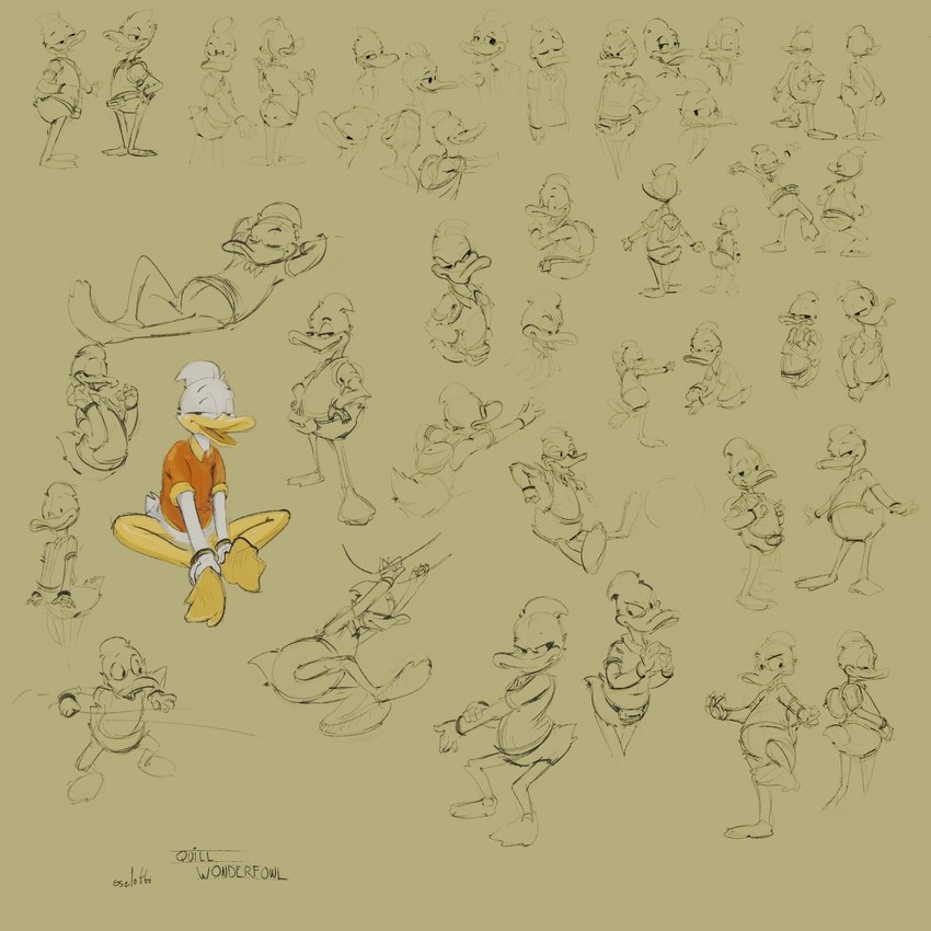 anthro avian_feet barefoot beak bottomless clothed clothing feet hands_behind_head hands_on_hips lying male membrane_(anatomy) narrowed_eyes on_back orange_clothing orange_topwear scuted_legs scutes sitting soles solo standing toes topwear webbed_feet yellow_beak oselotti quill_wonderfowl anatid anseriform avian bird duck 1:1 2020 hi_res partially_colored signature sketch_page