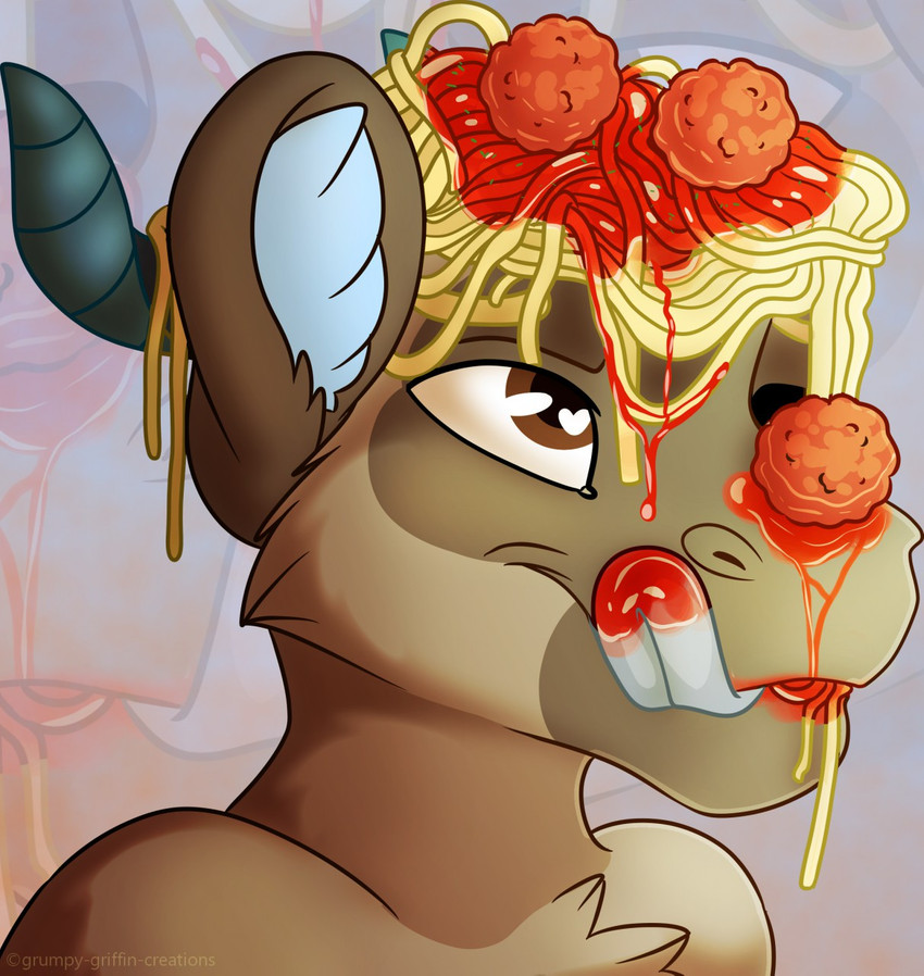 anthro brown_body brown_fur eating food food_on_head fur grey_tongue heart_eyes heart_symbol inner_ear_fluff licking licking_lips licking_own_lips male meatball pasta self_lick simple_background smile solo spaghetti tongue tongue_out tuft grumpy_griffin_creations mammal 2020 digital_media_(artwork) hi_res