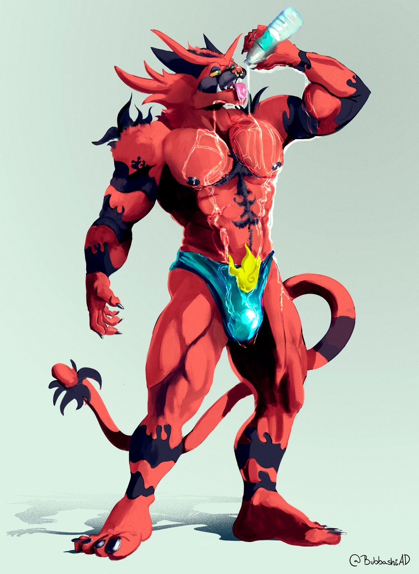 anthro biceps clothed clothing fur hair male muscular muscular_anthro muscular_male nipples open_mouth pecs piercing red_body red_fur simple_background smile solo summer summertime teeth tongue topwear underwear water bubbashiad nintendo pokemon felid feline generation_7_pokemon incineroar mammal pokemon_(species) 2021 absurd_res digital_media_(artwork) hi_res