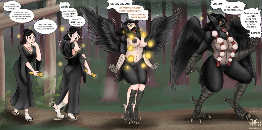 alternate_species animal_noises anthro asking asking_another asking_self asking_what asking_why base_one_layout basic_sequence beak beak_growth big_breasts black_body black_feathers black_hair bold_text breast_expansion breasts cawing color_coded color_coded_text conjoined_speech_bubble detailed_background dialogue dialogue_with_sound_effects ellipsis exclamation_point expansion feathered_wings feathers feet female flashlight forest four_frame_image four_frame_sequence genitals growth hair holding_flashlight human_to_anthro interrobang_exclamation interrupted_by_reaction interrupted_speech linear_sequence linked_speech_bubble loss_of_speech nipples one_row_layout onomatopoeia plant pointy_speech_bubble possession pussy question questioning_ellipsis repeated_text solo sound_effects species_in_dialogue species_transformation speech_bubble standing stuttering surprise talking_to_another talking_to_self talons text toes torii transformation transformation_sequence tree verbal_reaction_to_tf wing_growth wings yellow_sclera yes-no_question witchfiend asian_mythology east_asian_mythology japanese_mythology mythology meisa_(tomlloyd) avian human mammal tengu yokai 2022 absurd_res digital_media_(artwork) english_text hi_res sequence