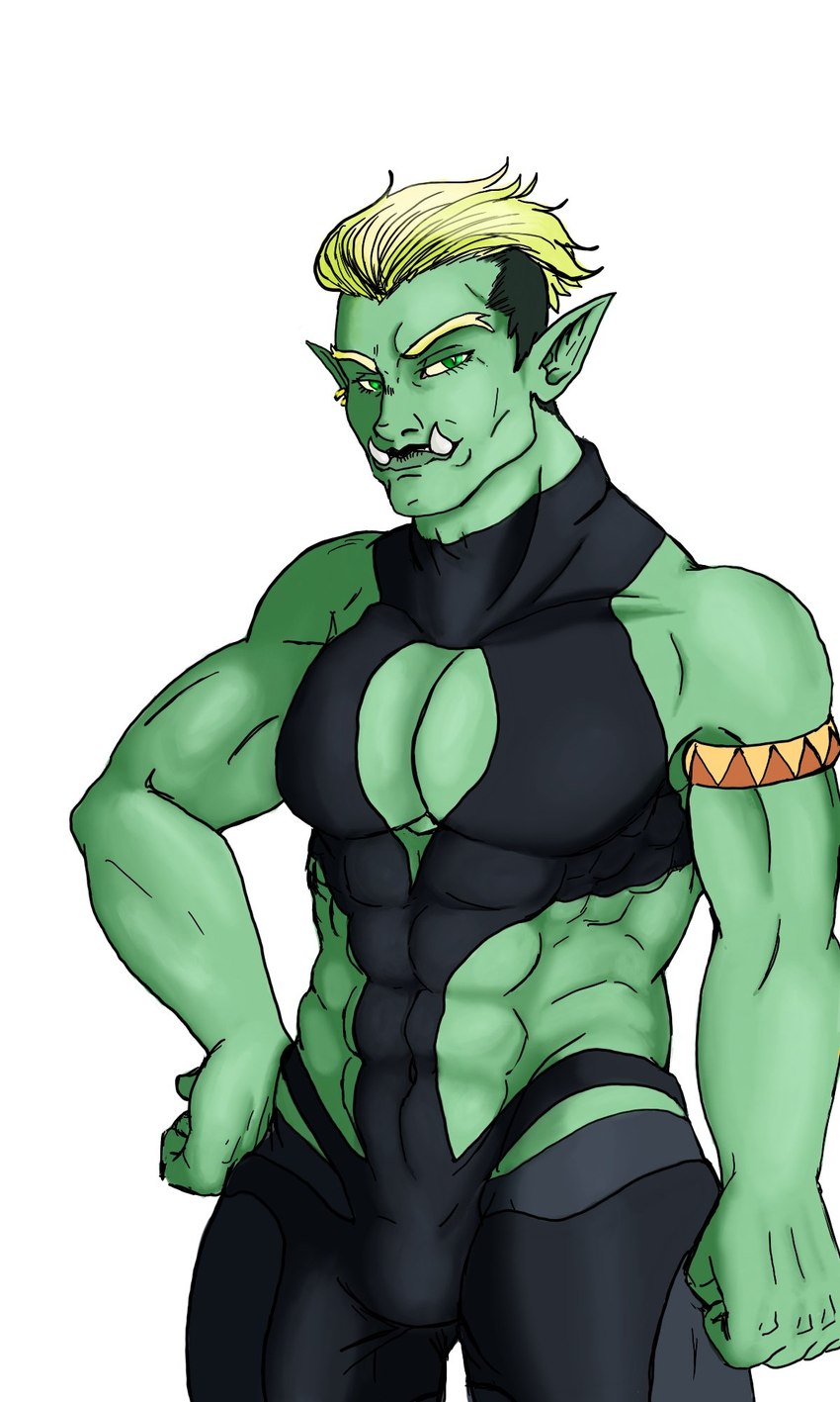 abs alternative_fashion armband blonde_hair bulge clothed clothing detailed_ear goth green_body green_skin hair humanoid_pointy_ears male muscular muscular_humanoid muscular_male not_furry pointy_ears sharp_teeth skimpy solo teeth tragus underbite undercut draycefayce drawfee_(copyright) drawtectives gyorik_rogdul humanoid orc 3:5 hi_res