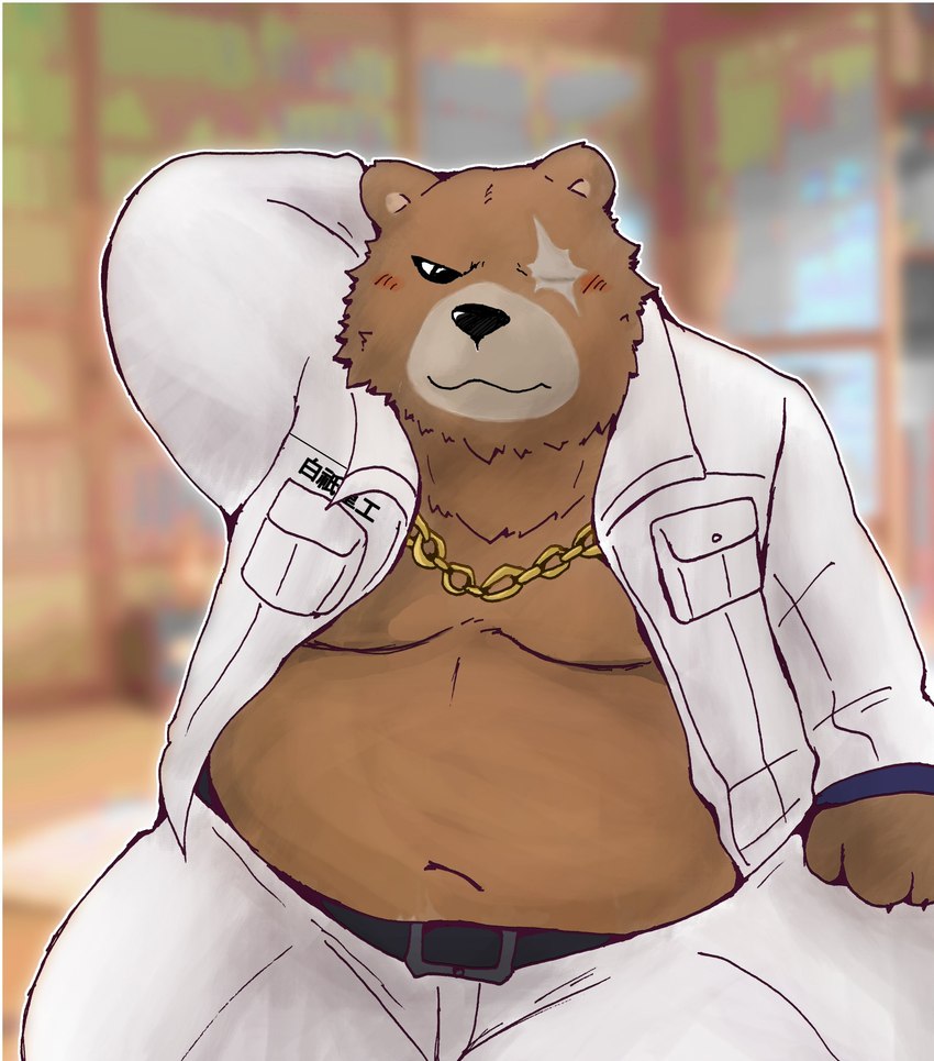 anthro belly blurred_background bottomwear brown_body chain_necklace clothing jacket jewelry kemono male moobs necklace overweight overweight_male pants solo topwear white_bottomwear white_clothing white_jacket white_pants white_topwear snow_utamaru mihoyo zenless_zone_zero ben_bigger bear mammal 2024 hi_res