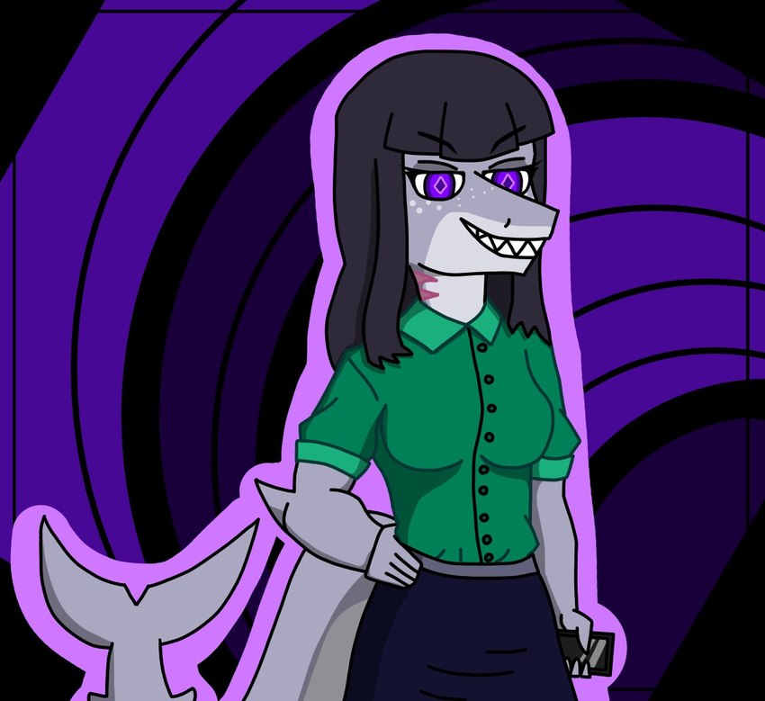 cellphone clothing electronics female green_clothing grey_body hair long_hair phone purple_eyes solo patchesart daniela_sanchez fish marine shark trans_(lore) trans_woman_(lore)