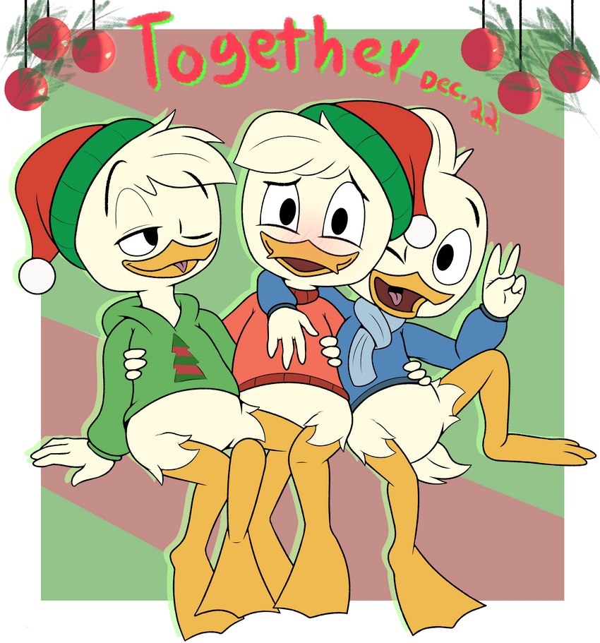 anthro blep blush group holidays looking_at_viewer male one_eye_closed tongue tongue_out trio young young_anthro young_male limettin christmas disney ducktales ducktales_(2017) dewey_duck huey_duck louie_duck anatid anseriform avian bird duck absurd_res hi_res brother_(lore) brothers_(lore) sibling_(lore)