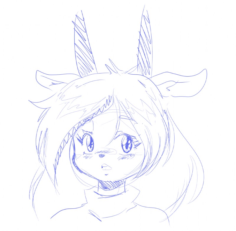 anthro blush clothed clothing female fully_clothed hair horn long_hair looking_at_viewer open_mouth simple_background solo white_background blaski libbie antelope bovid grazing_antelope mammal oryx blue_and_white bust_portrait monochrome portrait sketch