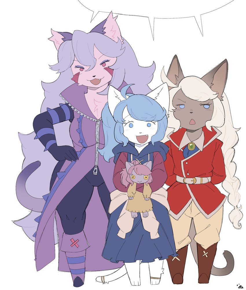 anthro blue_hair clothed clothing female female_anthro fur grey_body grey_fur group hair open_mouth purple_body purple_fur purple_hair speech_bubble tail trio white_body white_fur white_hair anaquariusart cyberconnect2 fuga:_melodies_of_steel little_tail_bronx solatorobo opera_kranz sheena_falafel vanilla_muscat domestic_cat felid feline felineko felis mammal russian_blue 2025 absurd_res colored digital_drawing_(artwork) digital_media_(artwork) hi_res