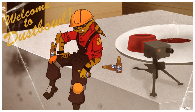 2fort alcohol anthro armor beer beverage border dustbowl eyewear food glasses gun hard_hat headgear helmet machine male ranged_weapon solo tail tail_tuft tuft turret weapon white_border eightysix ratchet_and_clank sony_corporation sony_interactive_entertainment team_fortress_2 valve eight_(classiceight) engineer_(team_fortress_2) sentry_gun_(team_fortress_2) alien felid lombax mammal