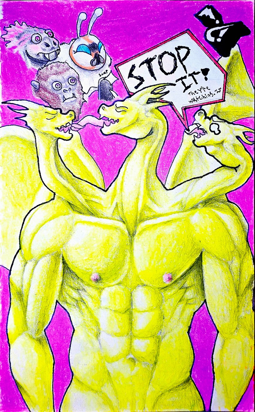 anthro electronics french_kissing group kissing licking_tongue male multi_head multi_head_kiss phone purple_background selfcest simple_background square_crossover surprised_expression text yellow_body marthan_crowl_(artist) godzilla_(series) mothra_(series) mythology toho godzilla king_ghidorah king_kong mothra ape arthropod dragon gorilla haplorhine insect lepidopteran lizard mammal moth mythological_creature mythological_scalie primate reptile scalie absurd_res hi_res