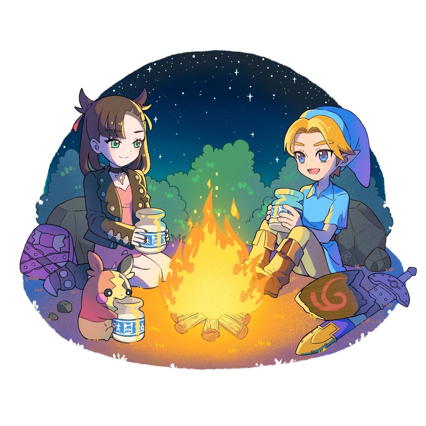 beverage black_hair blonde_hair bottle container cosmic_background fire group hair holding_beverage holding_bottle holding_container holding_object night open_mouth open_smile sitting smile starry_background trio rutiwa nintendo pokemon the_legend_of_zelda marnie_(pokemon) young_link elf generation_8_pokemon humanoid hylian morpeko morpeko_(full_belly_mode) pokemon_(species) 1:1 crossover hi_res