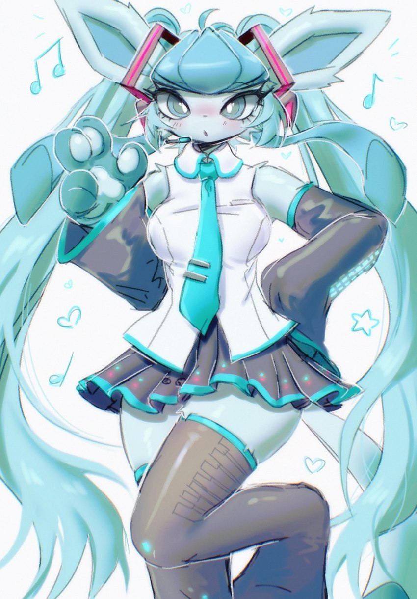 alternate_species anthro blue_body blue_eyes blue_fur blue_hair blush blush_lines bottomwear breasts clothing eyelashes female fur hair heart_symbol legwear looking_at_viewer musical_note musical_symbol necktie open_mouth pawpads paws simple_background skirt solo star star_symbol symbol maimoonrabbit nintendo pokemon vocaloid hatsune_miku eeveelution generation_4_pokemon glaceon pokemon_(species) 2025 hi_res