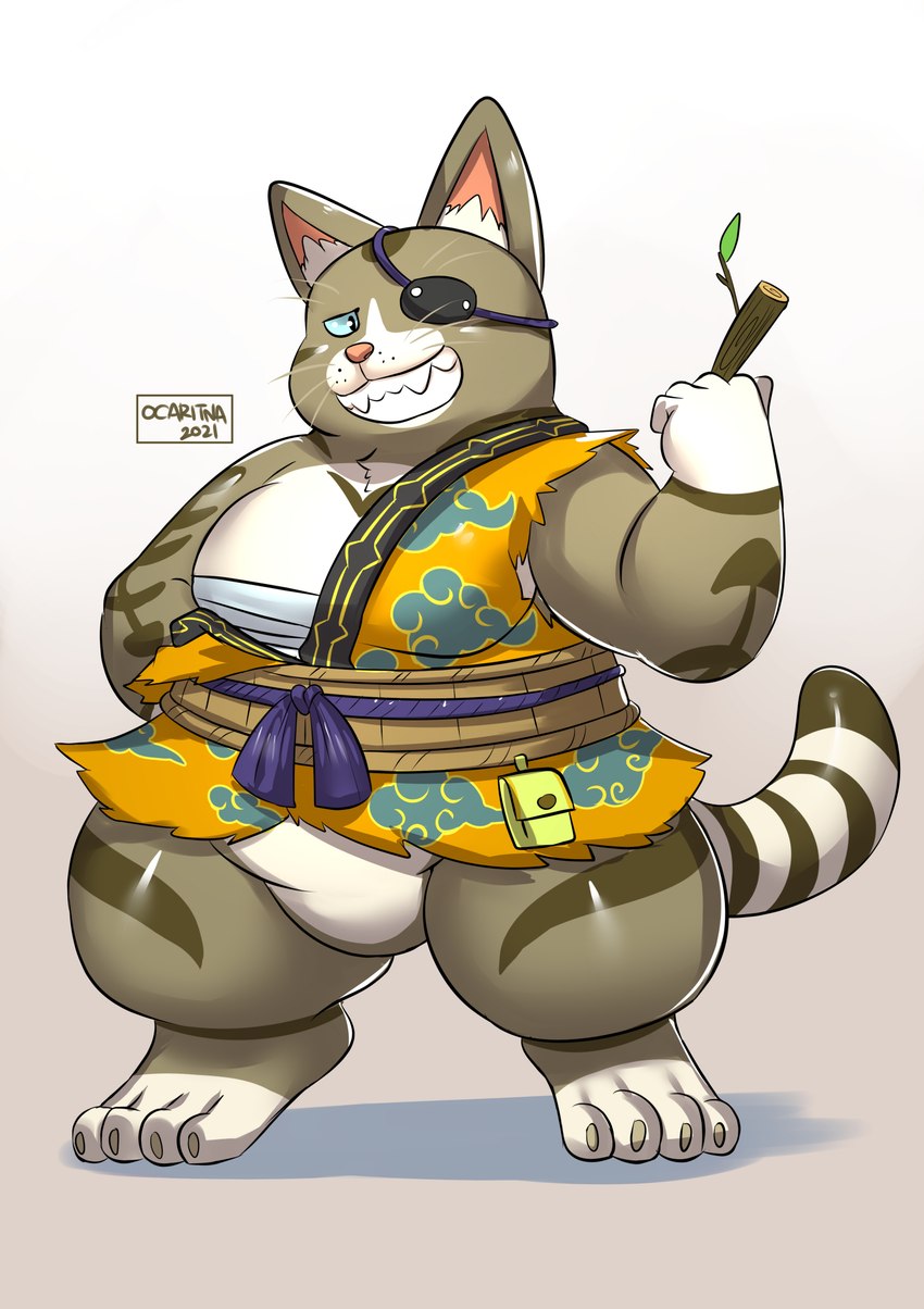 anthro biped clothed clothing eye_patch eyewear humanoid_hands male overweight overweight_male simple_background solo ocaritna capcom monster_hunter monster_hunter_stories monster_hunter_stories_2:_wings_of_ruin orgo_(monster_hunter) felid felyne lynian mammal 2021 hi_res