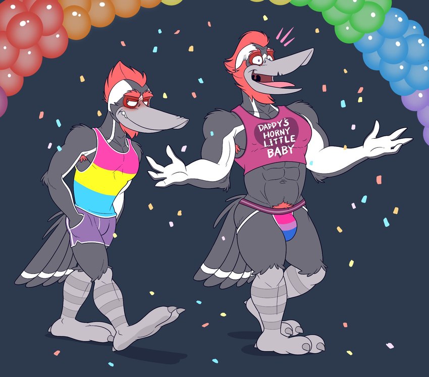 2_toes 4_fingers abs anthro armpit_hair balloon balloon_arch beak beard bisexual_pride_colors blush body_hair bottomwear bulge clothed clothing confetti crop_top duo facial_hair feathers feet fingers goatee grey_body grey_feathers hair inflatable jockstrap lgbt_pride male mature_male multicolored_clothing multicolored_jockstrap multicolored_shirt multicolored_tank_top multicolored_topwear multicolored_underwear muscular muscular_anthro muscular_male navel open_mouth open_smile pansexual_pride_colors pantsless pecs pride_color_balloon pride_color_clothing pride_color_jockstrap pride_color_shirt pride_color_tank_top pride_color_topwear pride_color_underwear pride_colors print_clothing print_crop_top print_shirt print_tank_top print_topwear rainbow_pride_colors red_beard red_facial_hair red_hair shirt shorts six-stripe_rainbow_pride_colors smile tail tail_feathers tank_top text text_on_clothing text_on_crop_top text_on_shirt text_on_tank_top text_on_topwear text_print toes topwear underwear walking white_body white_feathers anti_dev lgbt_pride_month crew_(anti_dev) rooter_(anti_dev) avian bird picid pileated_woodpecker woodpecker 2022 english_text hi_res father_(lore) father_and_child_(lore) father_and_son_(lore) parent_(lore) parent_and_child_(lore) parent_and_son_(lore) son_(lore)