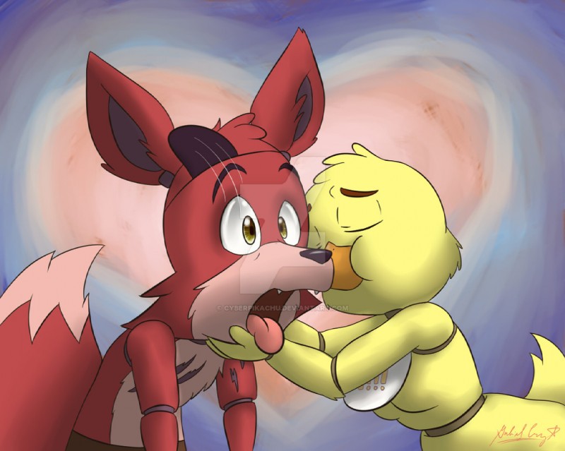 anthro bib breasts duo eye_patch eyewear featureless_breasts female hook interspecies kissing machine male nude tongue tongue_out cyberpikachu five_nights_at_freddy's scottgames chica_(fnaf) foxy_(fnaf) animatronic avian bird canid canine chicken fox galliform gallus_(genus) mammal phasianid robot