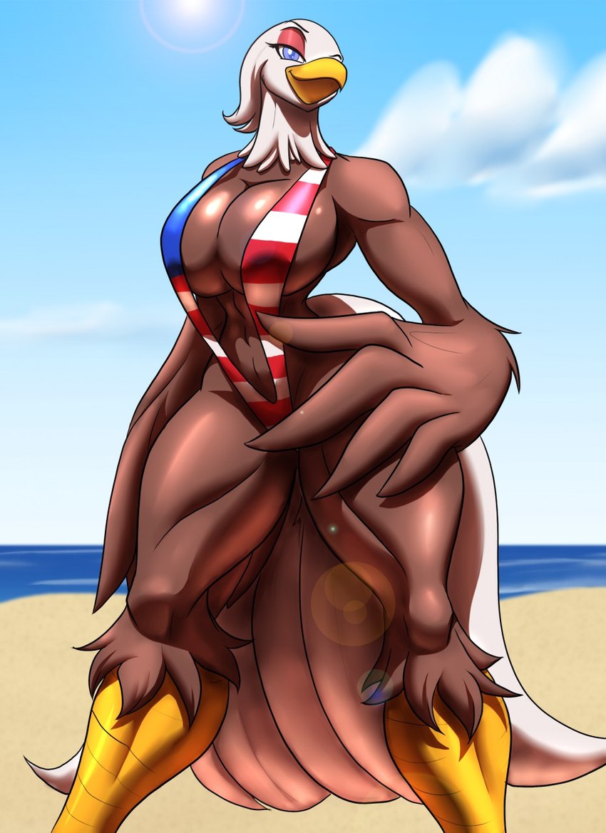 american_flag american_flag_bikini anthro avian_feet beach beak big_breasts bikini breasts brown_body brown_feathers cleavage clothed clothing feathered_wings feathers female flag flag_bikini flag_clothing flag_print flag_swimwear muscular muscular_anthro muscular_female muscular_thighs non-mammal_breasts one-piece_swimsuit outside print_bikini print_clothing print_swimwear sand sea seaside sky sling_bikini smile solo standing swimwear tail tail_feathers thick_thighs two-piece_swimsuit united_states_of_america water wide_hips winged_arms wings toughset freeda_(himynameisnobody) accipitrid accipitriform avian bald_eagle bird eagle sea_eagle 2020 hi_res