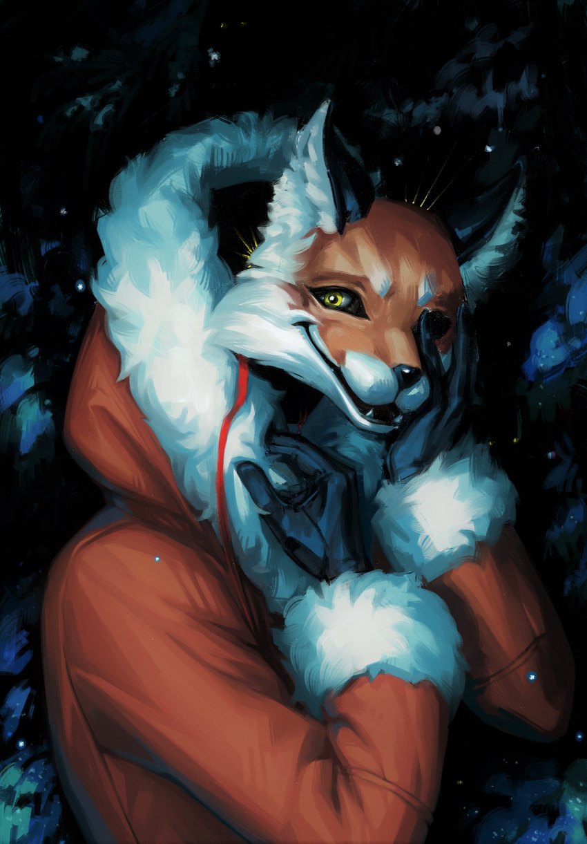 clothing evening fangs female forest fur gloves handwear mask plant smile snow solo teeth tree winter winter_coat yellow_eyes oveipoartist tiny_bunny alice_the_vixen canid canine fox mammal 2023 absurd_res hi_res