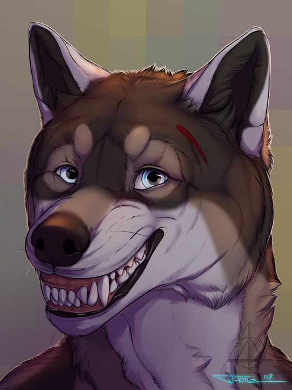 anthro blue_eyes male scar smile solo killingtea mythology rakan canid canine canis mammal mythological_canine mythological_creature werecanid werecanine werecreature werewolf wolf 2018 digital_media_(artwork) hi_res