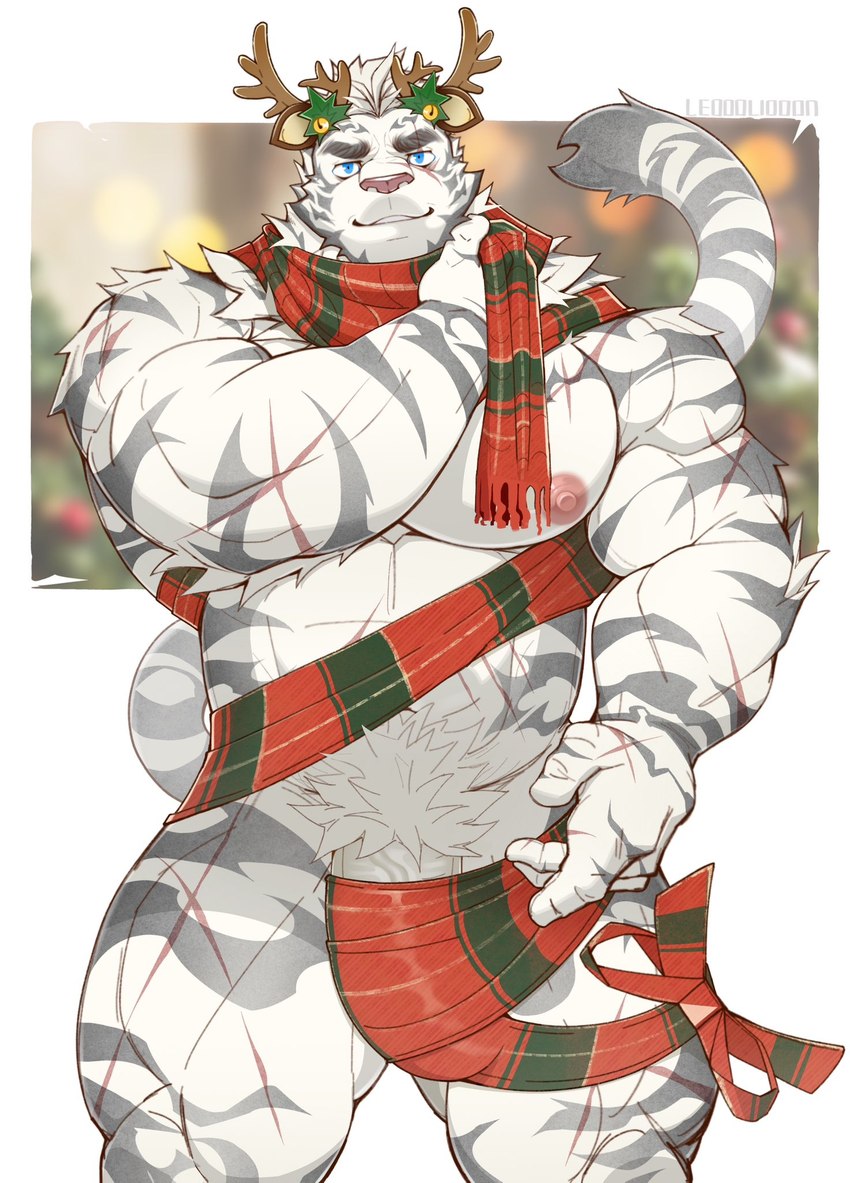 anthro genitals holidays male muscular muscular_anthro muscular_male muscular_thighs penis penis_base pubes solo white_pubes wrapping leoooliooon arknights christmas hypergryph studio_montagne mountain_(arknights) felid mammal pantherine tiger 2024 colored hi_res signature