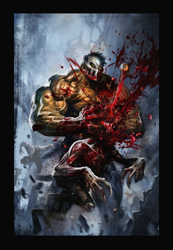 athletic biceps big_muscles black_border blood bodily_fluids border bottomwear clothed clothing death eyeball goo-connected_lips gore grotesque_death group hair horror_(theme) huge_muscles male mask muscular muscular_male pants pecs pose poster poster_template standing teeth topless vein veiny_muscles yellow_eyes dave_wilkins splatterhouse rick_taylor terror_mask demon human mammal monster hi_res